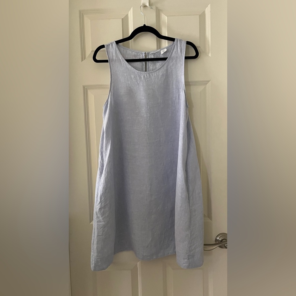 Sigrid Olsen 100% Linen Blue sleeveless Trapeze Shift Dress Pockets M Classic